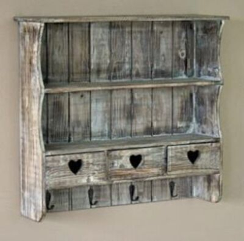Wooden Shabby chic shelves and drawers made from reclaimed wood. Four hanging hooks on the bottom. Three Drawers with cut out heart detail. Size 66x60x15cm